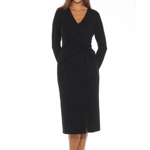 NEW JOSEPH RIBKOFF knot front slit midi sheath dress in black